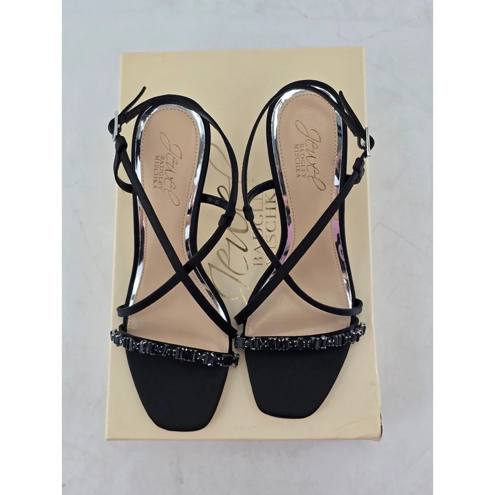 Jewel Badgley Mischka Alexis Sandals Womens 6 Black Satin Embellished NEW